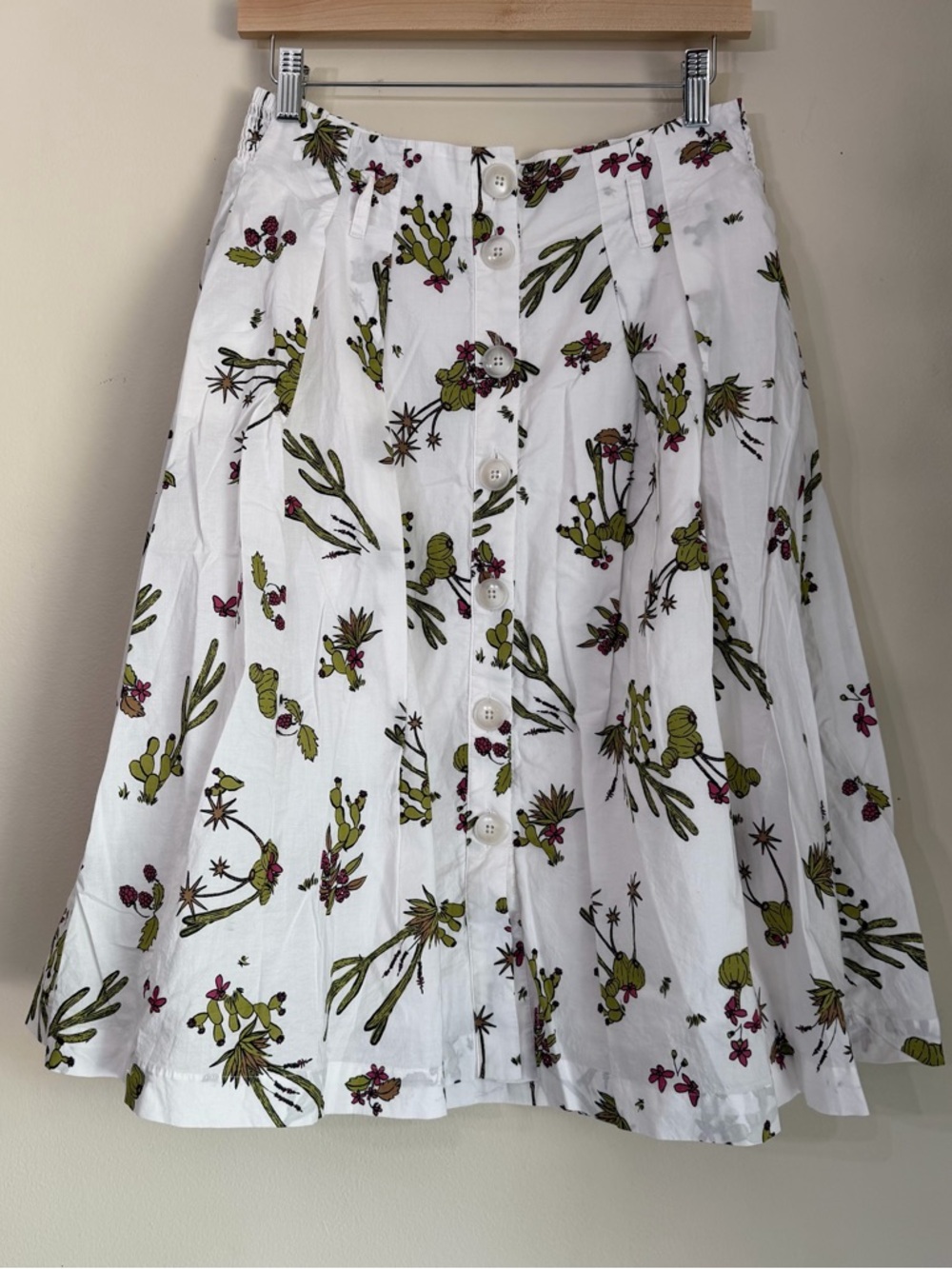 Modcloth White Button-Front Skater Skirt with Green Cactus & Pink Floral Print